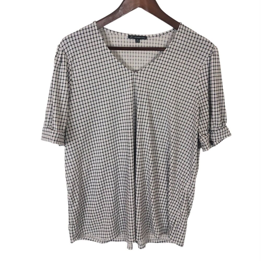 Adrianna Papel Houndstooth Black White Short Sleeve V-Neck Shirt Women XL Top